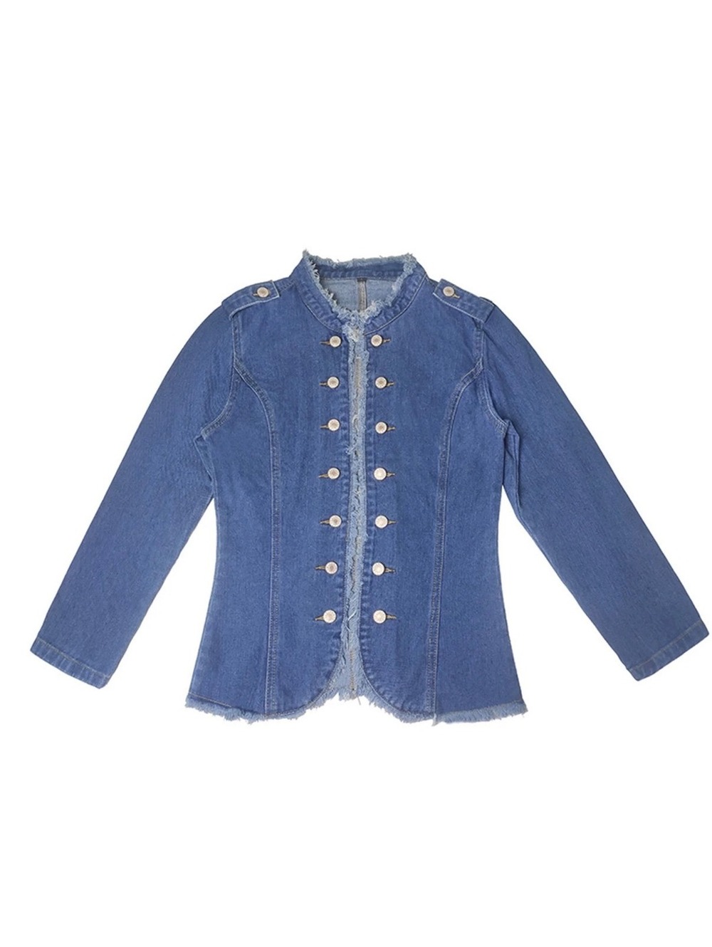 Women's Blue Denim Jacket XL with Cut Off Hem and Gold Button Details